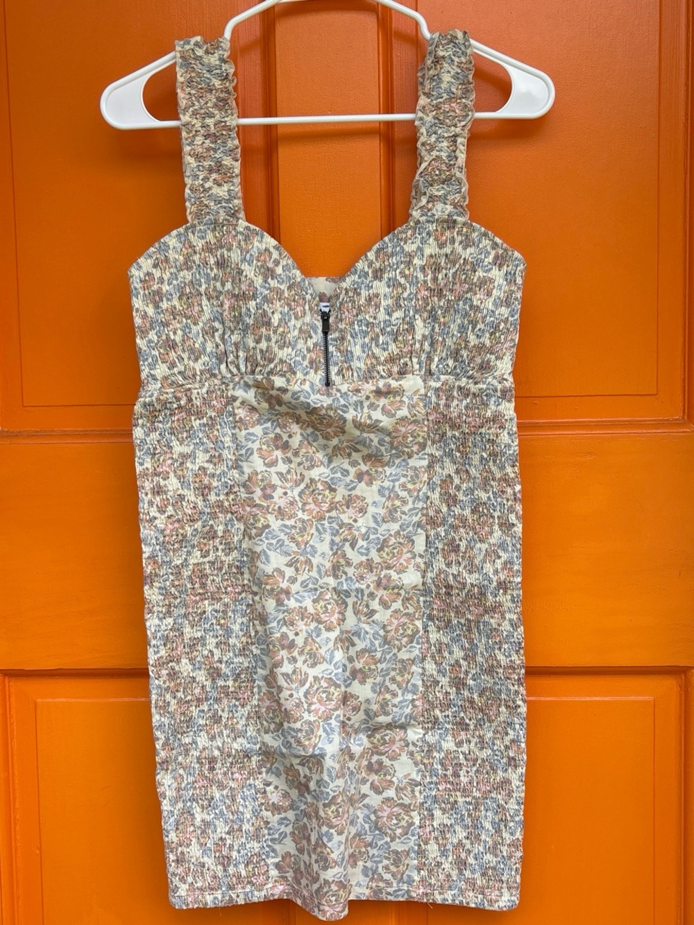 Smocked Floral Mini Dress in Cream with Pastel Floral Print